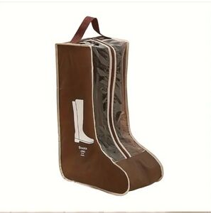 Brown Boot Storage Cloth Bag Long Zip-Up Clear Panel 19x11 in